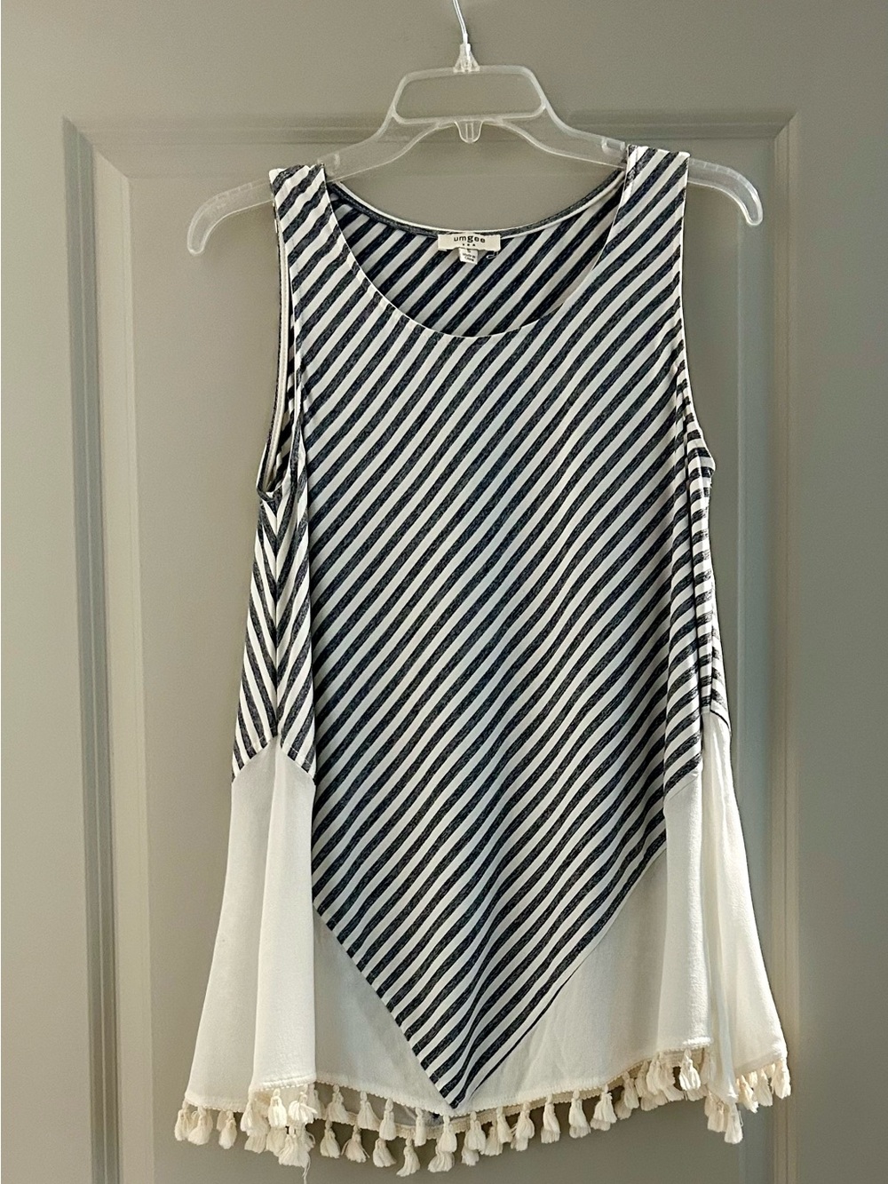Umgee Navy and White Diagonal Stripe Tank with Tassel Trim